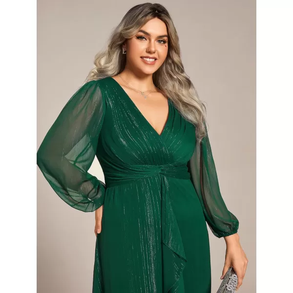 EverPretty Womens V Neck A Line Ruched Plus Size Midi Wedding Guest Dresses with Sleeves 01977DADark Green