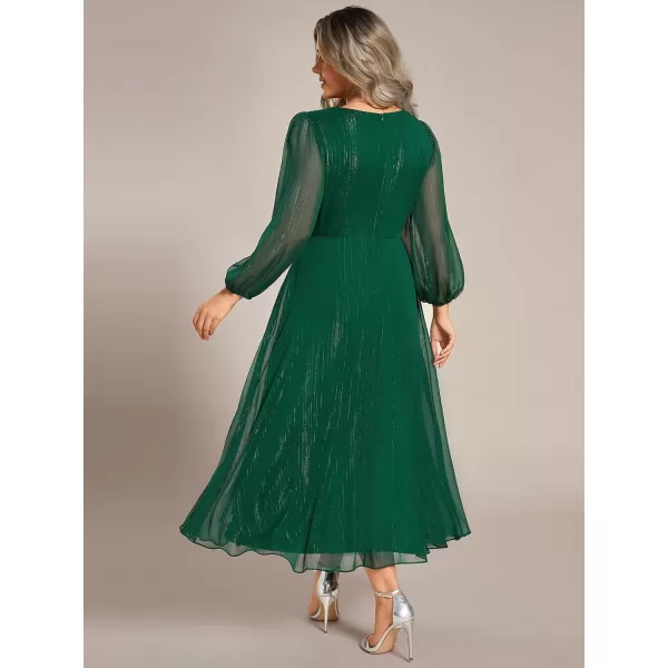 EverPretty Womens V Neck A Line Ruched Plus Size Midi Wedding Guest Dresses with Sleeves 01977DADark Green