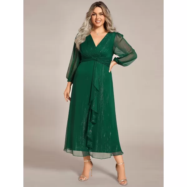 EverPretty Womens V Neck A Line Ruched Plus Size Midi Wedding Guest Dresses with Sleeves 01977DADark Green