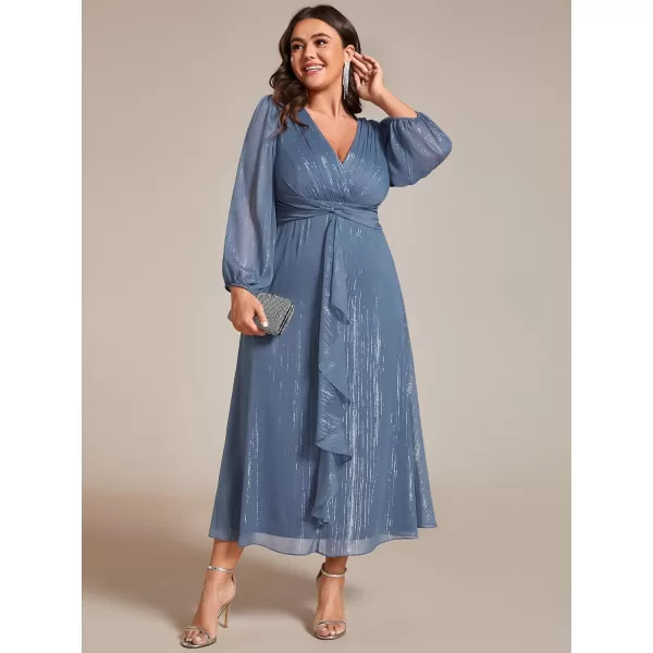 EverPretty Womens V Neck A Line Ruched Plus Size Midi Wedding Guest Dresses with Sleeves 01977DADusty Navy