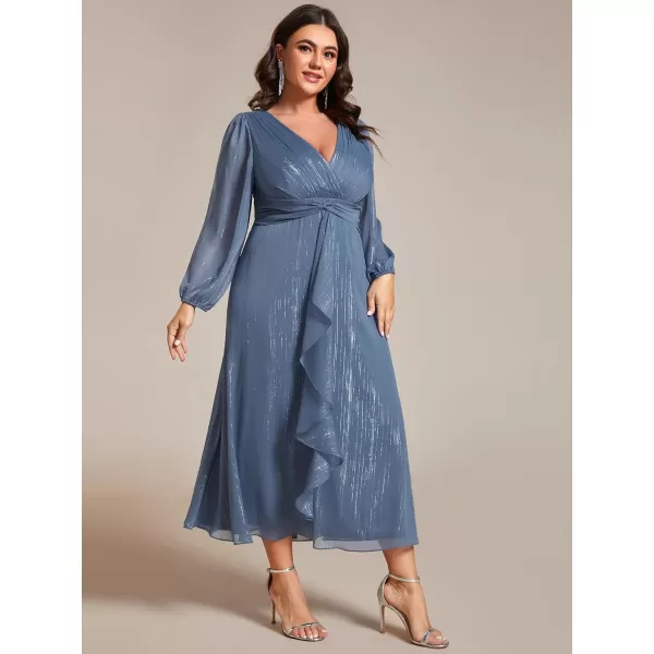 EverPretty Womens V Neck A Line Ruched Plus Size Midi Wedding Guest Dresses with Sleeves 01977DADusty Navy