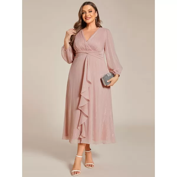 EverPretty Womens V Neck A Line Ruched Plus Size Midi Wedding Guest Dresses with Sleeves 01977DADusty Rose