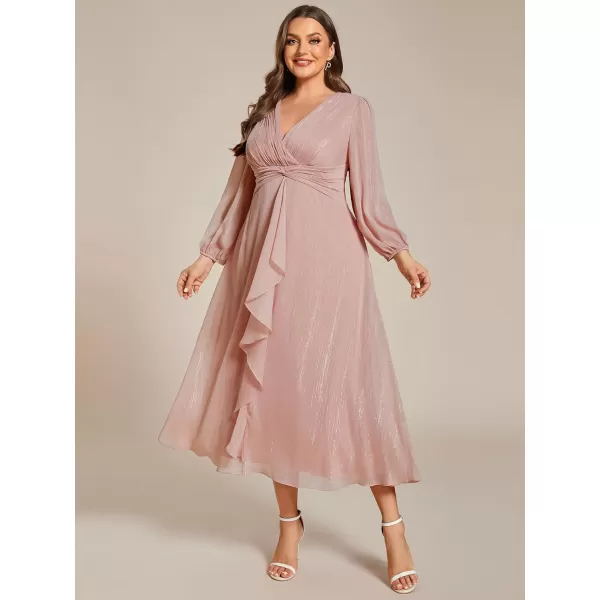 EverPretty Womens V Neck A Line Ruched Plus Size Midi Wedding Guest Dresses with Sleeves 01977DADusty Rose