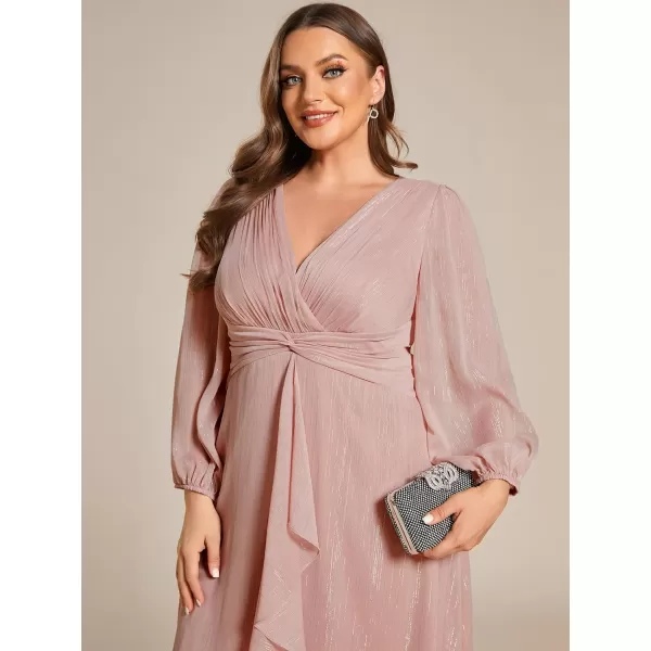 EverPretty Womens V Neck A Line Ruched Plus Size Midi Wedding Guest Dresses with Sleeves 01977DADusty Rose