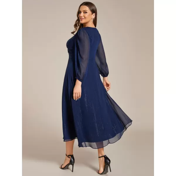 EverPretty Womens V Neck A Line Ruched Plus Size Midi Wedding Guest Dresses with Sleeves 01977DANavy Blue