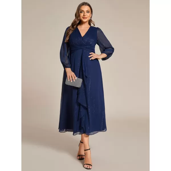 EverPretty Womens V Neck A Line Ruched Plus Size Midi Wedding Guest Dresses with Sleeves 01977DANavy Blue