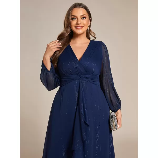 EverPretty Womens V Neck A Line Ruched Plus Size Midi Wedding Guest Dresses with Sleeves 01977DANavy Blue