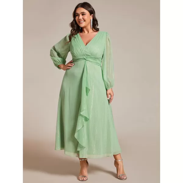 EverPretty Womens V Neck A Line Ruched Plus Size Midi Wedding Guest Dresses with Sleeves 01977DASummer Green