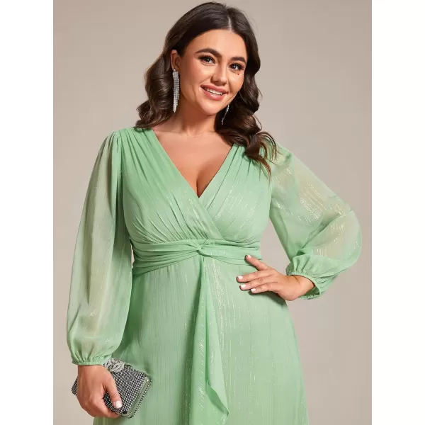 EverPretty Womens V Neck A Line Ruched Plus Size Midi Wedding Guest Dresses with Sleeves 01977DASummer Green