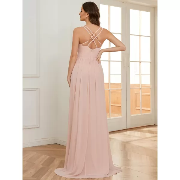 EverPretty Womens V Neck Adjustable Spaghetti Straps Open Back A Line FloorLength Bridesmaid Dress 01691Pink