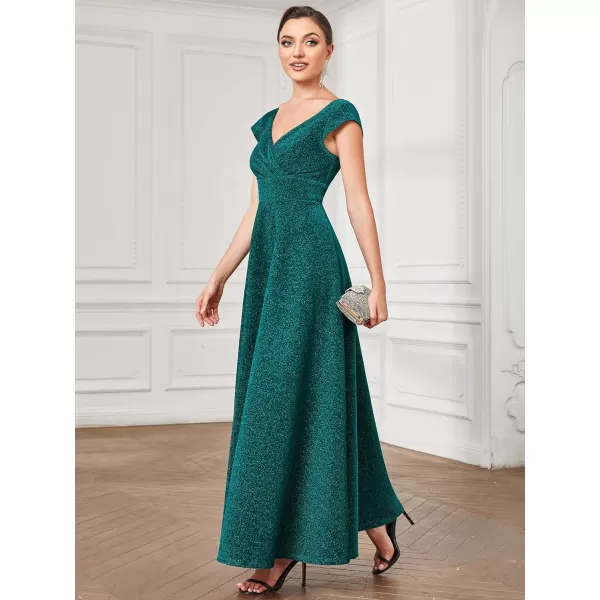 EverPretty Womens V Neck Cap Sleeves ALine Pleated Glitter Maxi Formal Dresses 01422Dark Green