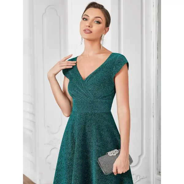 EverPretty Womens V Neck Cap Sleeves ALine Pleated Glitter Maxi Formal Dresses 01422Dark Green