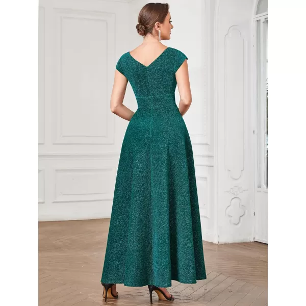 EverPretty Womens V Neck Cap Sleeves ALine Pleated Glitter Maxi Formal Dresses 01422Dark Green