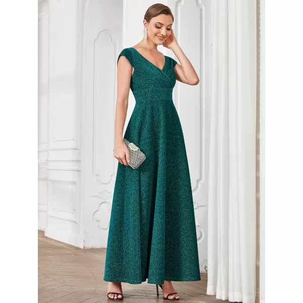 EverPretty Womens V Neck Cap Sleeves ALine Pleated Glitter Maxi Formal Dresses 01422Dark Green