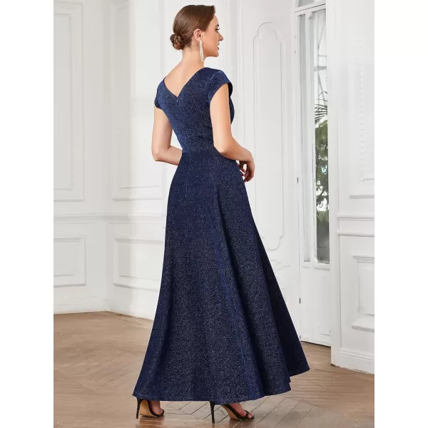EverPretty Womens V Neck Cap Sleeves ALine Pleated Glitter Maxi Formal Dresses 01422Navy Blue