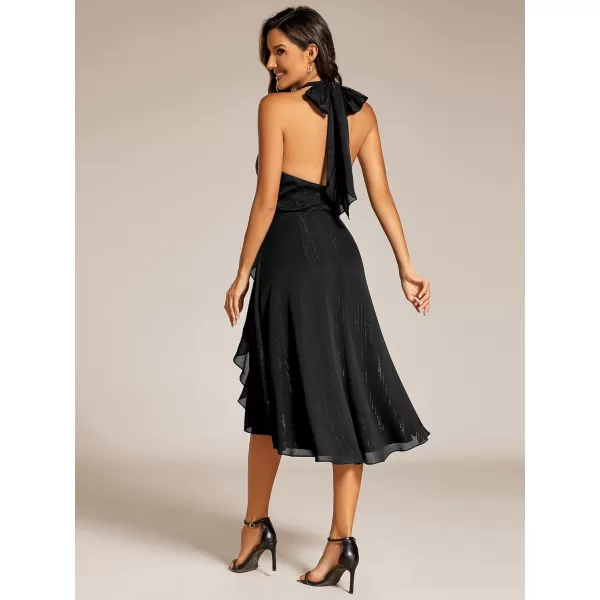 EverPretty Womens V Neck Cocktail Dress Pleated Glitter Backless Midi Length Formal Dresses 51977Black