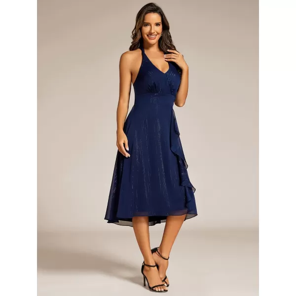 EverPretty Womens V Neck Cocktail Dress Pleated Glitter Backless Midi Length Formal Dresses 51977Navy Blue