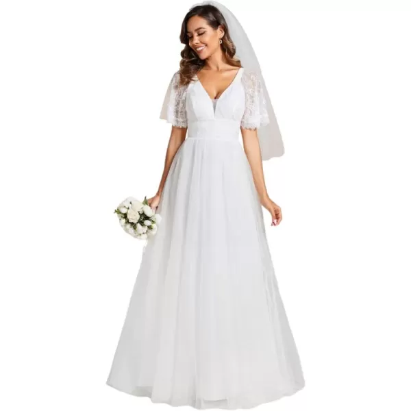 EverPretty Womens V Neck Embroidery Short Sleeves A Line Maxi Wedding Dresses 02039White