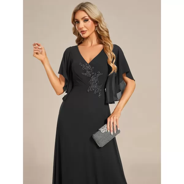 EverPretty Womens V Neck Half Sleeves A Line Applique Maxi Evening Dresses 02033Black