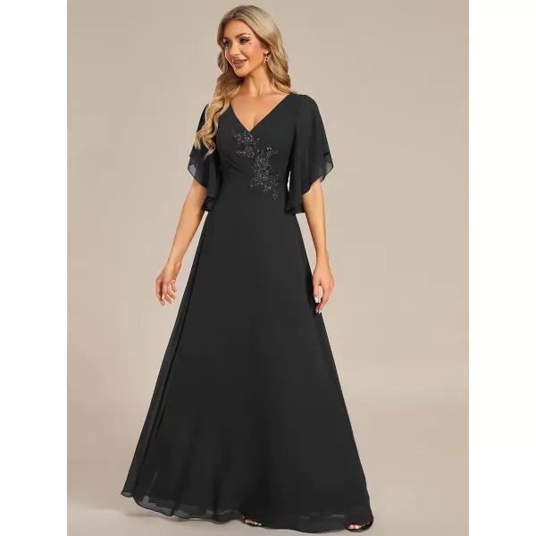 EverPretty Womens V Neck Half Sleeves A Line Applique Maxi Evening Dresses 02033Black