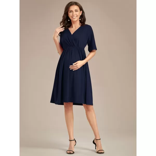 EverPretty Womens V Neck Half Sleeves A Line Knee Length Wrap Dress Casual Dresses Maternity Dresses 01801EYNavy Blue