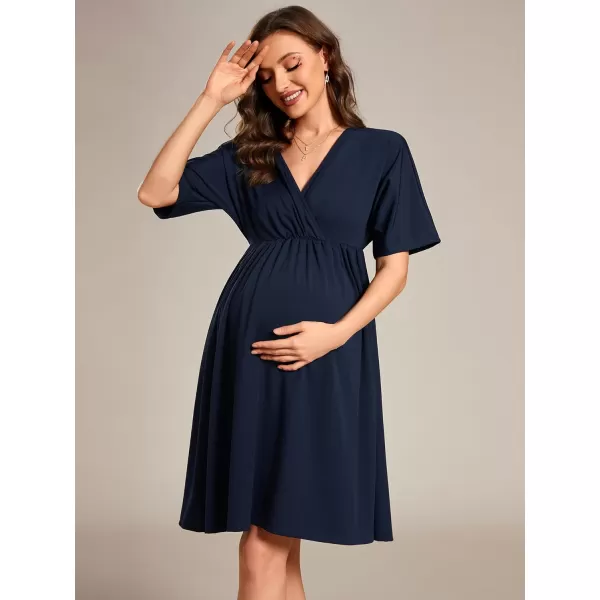 EverPretty Womens V Neck Half Sleeves A Line Knee Length Wrap Dress Casual Dresses Maternity Dresses 01801USANavy Blue