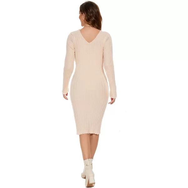 EverPretty Womens V Neck Long Sleeve Cable Knit Bodycon Pullover Knee Length Sweater Dresses 40392Beige