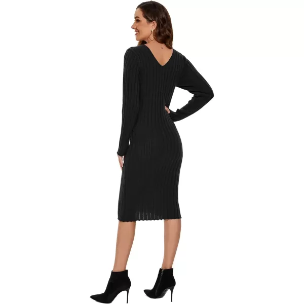 EverPretty Womens V Neck Long Sleeve Cable Knit Bodycon Pullover Knee Length Sweater Dresses 40392Black