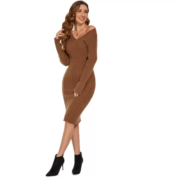 EverPretty Womens V Neck Long Sleeve Cable Knit Bodycon Pullover Knee Length Sweater Dresses 40392Brown