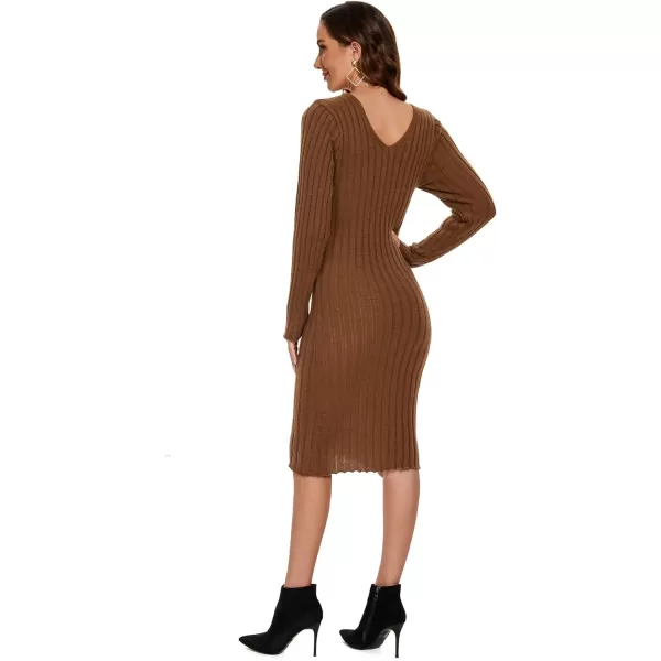 EverPretty Womens V Neck Long Sleeve Cable Knit Bodycon Pullover Knee Length Sweater Dresses 40392Brown