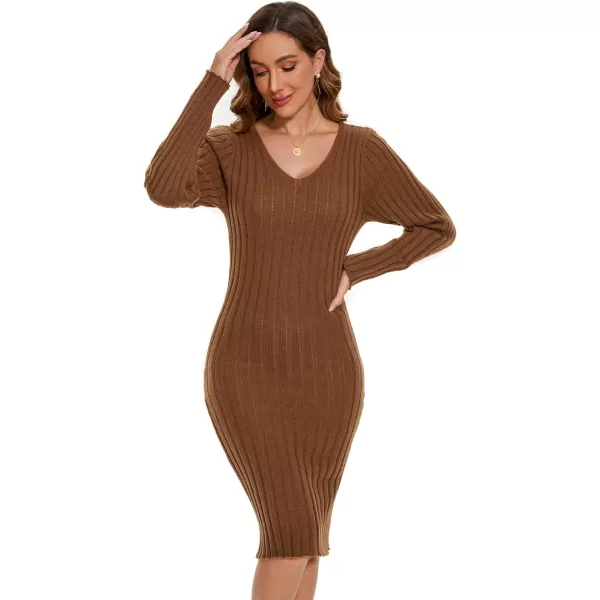 EverPretty Womens V Neck Long Sleeve Cable Knit Bodycon Pullover Knee Length Sweater Dresses 40392Brown