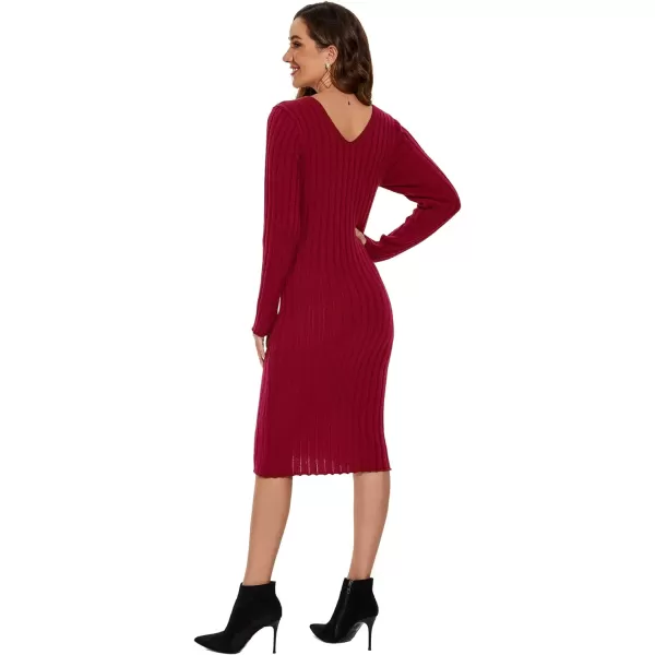 EverPretty Womens V Neck Long Sleeve Cable Knit Bodycon Pullover Knee Length Sweater Dresses 40392Burgundy