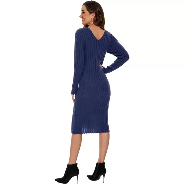 EverPretty Womens V Neck Long Sleeve Cable Knit Bodycon Pullover Knee Length Sweater Dresses 40392Navy