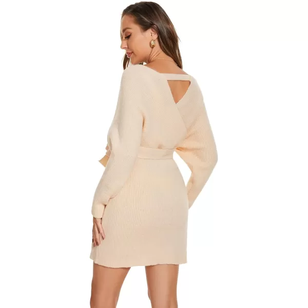 EverPretty Womens V Neck Long Sleeve Knit Bodycon Knee Length Sweater Dresses 40393Beige