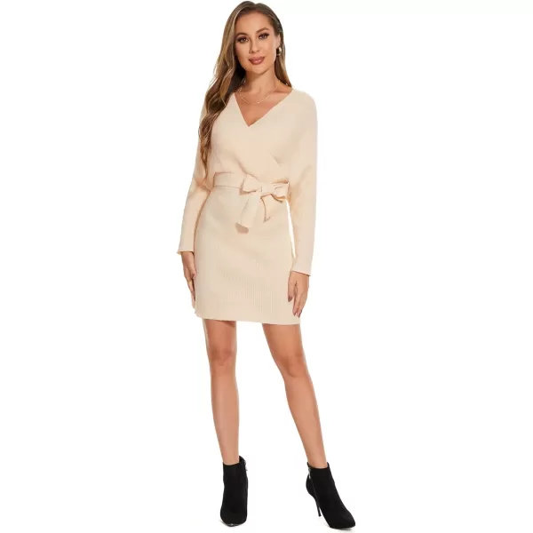 EverPretty Womens V Neck Long Sleeve Knit Bodycon Knee Length Sweater Dresses 40393Beige