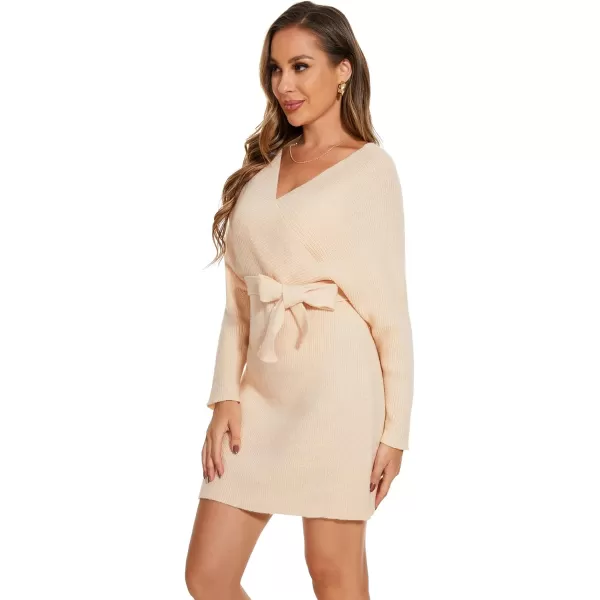 EverPretty Womens V Neck Long Sleeve Knit Bodycon Knee Length Sweater Dresses 40393Beige