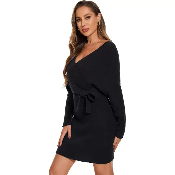 EverPretty Womens V Neck Long Sleeve Knit Bodycon Knee Length Sweater Dresses 40393Black