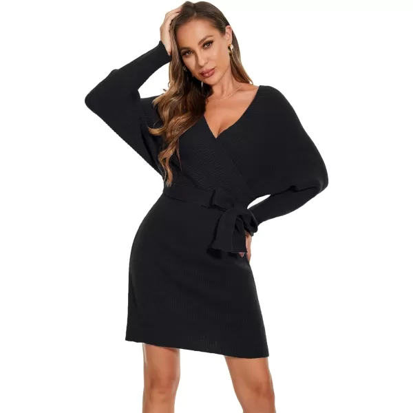 EverPretty Womens V Neck Long Sleeve Knit Bodycon Knee Length Sweater Dresses 40393Black