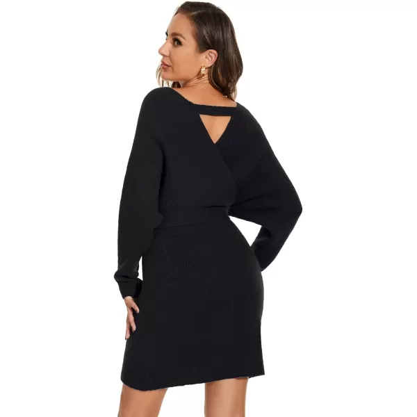 EverPretty Womens V Neck Long Sleeve Knit Bodycon Knee Length Sweater Dresses 40393Black