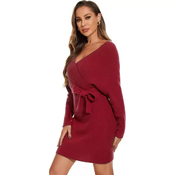 EverPretty Womens V Neck Long Sleeve Knit Bodycon Knee Length Sweater Dresses 40393Burgundy