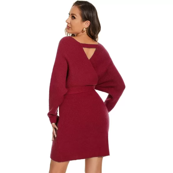 EverPretty Womens V Neck Long Sleeve Knit Bodycon Knee Length Sweater Dresses 40393Burgundy