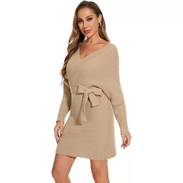 EverPretty Womens V Neck Long Sleeve Knit Bodycon Knee Length Sweater Dresses 40393Mushroom