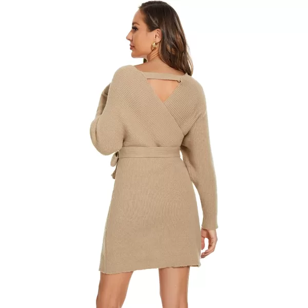 EverPretty Womens V Neck Long Sleeve Knit Bodycon Knee Length Sweater Dresses 40393Mushroom