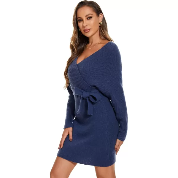 EverPretty Womens V Neck Long Sleeve Knit Bodycon Knee Length Sweater Dresses 40393Navy Blue