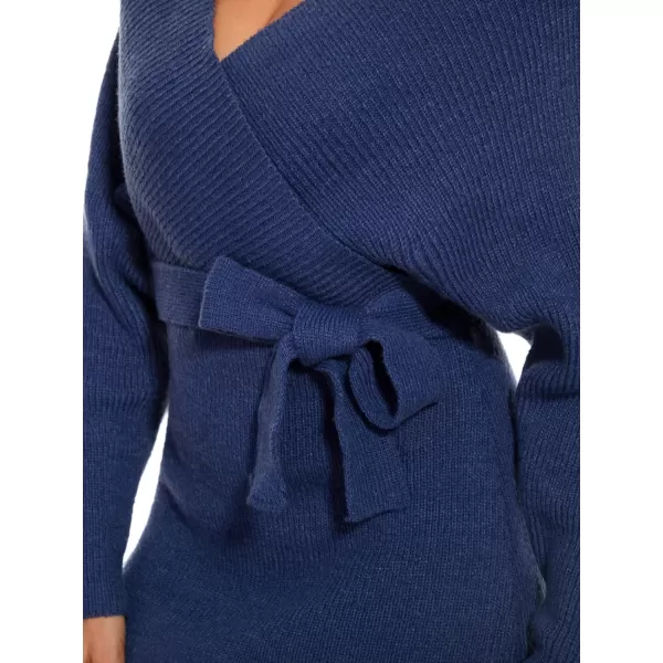 EverPretty Womens V Neck Long Sleeve Knit Bodycon Knee Length Sweater Dresses 40393Navy Blue