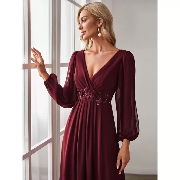 EverPretty Womens V Neck Long Sleeves Floor Length Ruched Chiffon Formal Dress 00461Burgundy