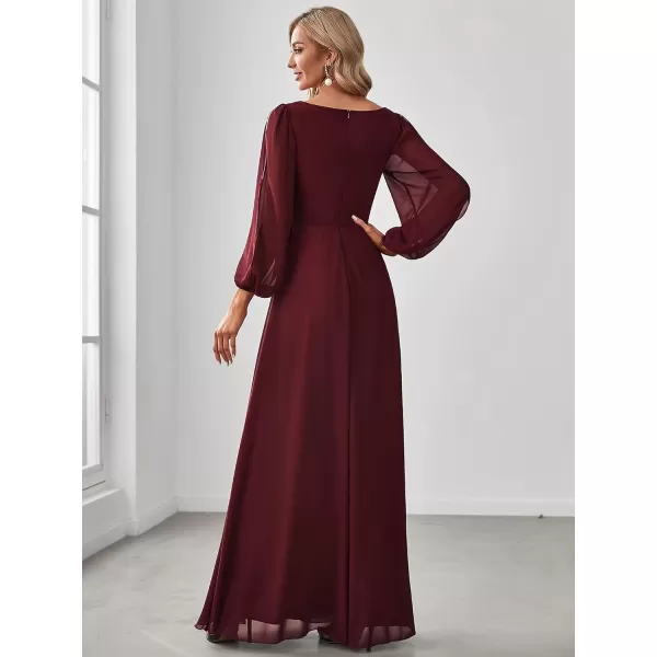 EverPretty Womens V Neck Long Sleeves Floor Length Ruched Chiffon Formal Dress 00461Burgundy