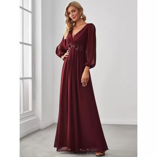 EverPretty Womens V Neck Long Sleeves Floor Length Ruched Chiffon Formal Dress 00461Burgundy