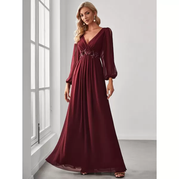 EverPretty Womens V Neck Long Sleeves Floor Length Ruched Chiffon Formal Dress 00461Burgundy