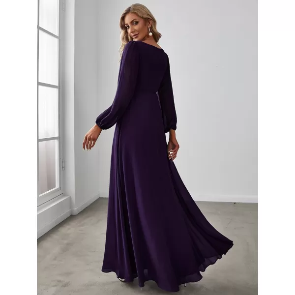 EverPretty Womens V Neck Long Sleeves Floor Length Ruched Chiffon Formal Dress 00461Deep Purple